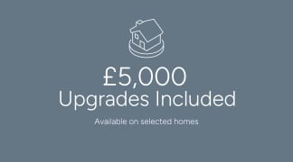 The image displays a graphic icon representing a house or building, along with the text "£5,000 Upgrades Included" and "Available on selected homes" against a gray background.