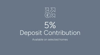 The image displays a 5% Deposit Contribution offer available on selected homes, with an icon representing an increase or upward movement.