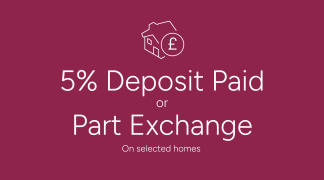 A house icon with a pound sign is in the foreground, with text advertising "5% Deposit Paid or Part Exchange" against a deep pink background.