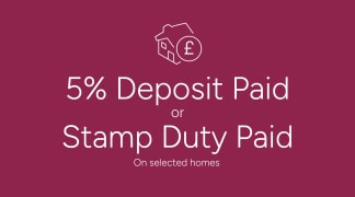 A white house icon with a pound symbol is centered above large white text offering "5% Deposit Paid or Stamp Duty Paid" on a deep pink background.