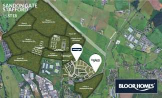 A master plan for Sandon Gate, Stafford, shows proposed housing and development phases in the foreground, with surrounding green fields and existing industrial and sports facilities in the background.