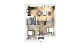 A two-bedroom apartment layout features a living area and kitchen in the background, with two bedrooms and a bathroom in the foreground.