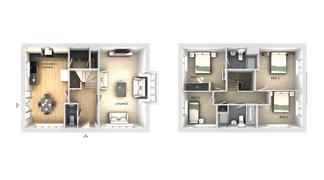A 3D floor plan displays a kitchen/dining area and lounge on the first floor in the foreground, and four bedrooms and bathrooms on the second floor in the background.
