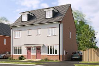 A modern semi-detached house with pink doors and dormer windows stands in the foreground, while a fence and trees are visible in the background.
