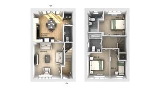 A floor plan displays a furnished living room and kitchen/dining area on the ground floor, with three bedrooms and bathrooms on the upper floor.