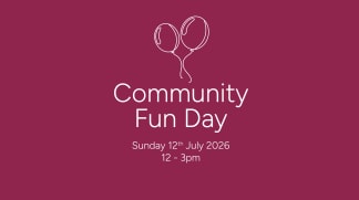 Two white balloons float above the text "Community Fun Day" with the date and time below, all set against a solid burgundy background.