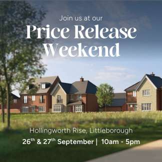 A green lawn with trees in the foreground leads to a row of houses under a bright sky, advertising a "Price Release Weekend" event.