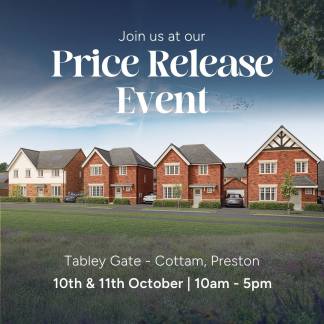 A row of modern brick houses with manicured lawns in the foreground is set against a twilight sky with text announcing a "Price Release Event" for Tabley Gate in Cottam, Preston on October 10th and 11th.