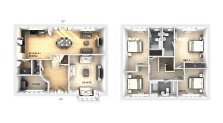 A floor plan of a two-story house is displayed, with the ground floor featuring a kitchen/dining area, lounge, and study, while the upper floor shows four bedrooms and bathrooms.