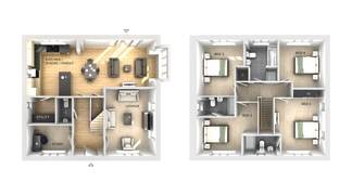 A furnished floor plan of a two-story house is presented, with the ground floor featuring a kitchen, dining area, lounge, and study, while the upper floor displays four bedrooms and bathrooms.
