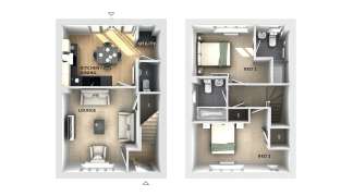 A two-story house floor plan displays a living area, kitchen, and dining room on the first floor, with two bedrooms and bathrooms on the second floor.