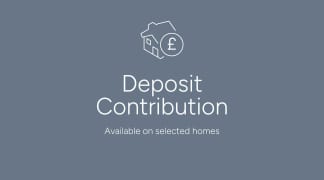The image displays a simple graphic consisting of a house icon and the text "Deposit Contribution" along with the text "Available on selected homes" below it, all set against a gray background.
