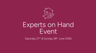 A white line drawing of a hand holding a house sits above the text "Experts on Hand Event" and the dates "Saturday 27th & Sunday 28th June 2026" on a deep pink background.