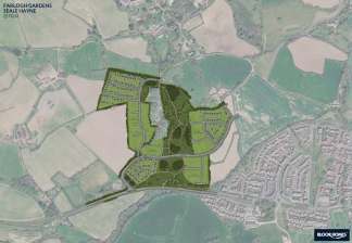 A detailed aerial rendering of a new housing development, "Farleigh Gardens," is overlaid on a rural landscape with existing roads and fields.