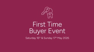 The image displays a simple elephant icon and the text "First Time Buyer Event" along with the date "Saturday 16th & Sunday 17th May 2026" against a deep pink background.