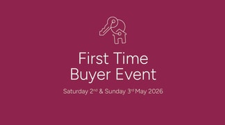 The image displays the text "First Time Buyer Event" against a burgundy background, with a simple elephant icon in the top left corner.