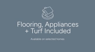 The image displays a logo for "Flooring, Appliances + Turf Included" with a stylized icon and text against a gray background, indicating that these features are available in selected homes.