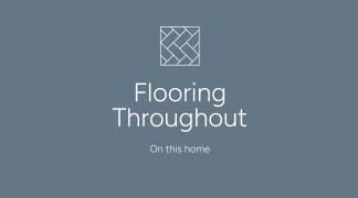 The image displays a simple graphic design featuring a diamond-patterned window frame and the text "Flooring Throughout" and "On this home" against a dark gray background.