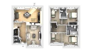 A two-story floor plan displays a living area, dining room, and kitchen on the first floor, with four bedrooms and bathrooms on the second floor.