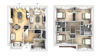 The foreground displays a floor plan of a house with labeled rooms like kitchen, lounge, and study, while the background shows a detailed layout of the upper floor with multiple bedrooms and bathrooms.