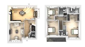 A floor plan displays a living room, kitchen, and dining area on the first floor, with bedrooms and bathrooms on the second floor.