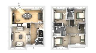 A 3D floor plan displays a living room, kitchen, dining, and family area on the ground floor, with four bedrooms and bathrooms on the upper floors.