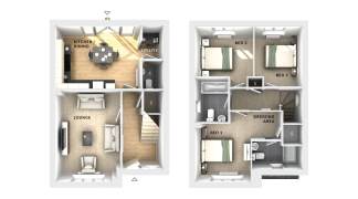 A floor plan displays a furnished living room, kitchen, and dining area on the lower level, with three bedrooms, a dressing area, and bathrooms on the upper level.