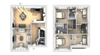 A bird's-eye view displays a two-story house with a lounge, kitchen/dining area, and stairs on the first floor, and four bedrooms and bathrooms on the second floor.