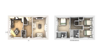 Two floor plans of a house are shown, with the left displaying the ground floor featuring a kitchen, dining area, and lounge, and the right showing the first floor with three bedrooms and a bathroom.