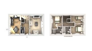 A floor plan displays a furnished kitchen/dining area and lounge on the ground floor, with three bedrooms and bathrooms on the upper floor.