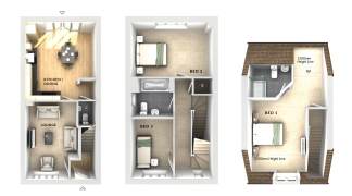 Three floor plans of a house are shown, with the foreground displaying a kitchen/dining area and lounge, and the background showing bedrooms and bathrooms on upper levels.