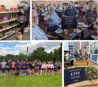 A woman stands in a food bank aisle while a group of seniors sit in a church hall, a running group poses in a park, and children work in a garden, all with signs indicating a £250 donation.