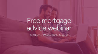 A smiling couple sits on a couch in the foreground, looking at a laptop, with the text "Free mortgage advice webinar" and event details overlaid on the image, while a blurred background suggests a home setting.