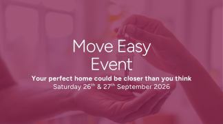 Hands exchange keys in the foreground, with text announcing a "Move Easy Event" and event details in the background.