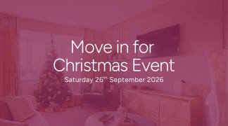 A decorated Christmas tree and sofa are in the foreground, while a television and cabinet are in the background, all bathed in a pinkish hue with text overlaying the scene.