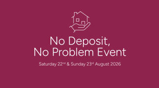 A stylized hand holding a house is centered above the text "No Deposit, No Problem Event" and the dates "Saturday 15th & Sunday 16th August 2026" on a deep pink background.