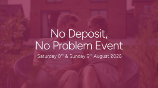 A hand holding a house icon is centered above the text "No Deposit, No Problem Event" and the dates "Saturday 8th & Sunday 9th August 2026" on a deep pink background.