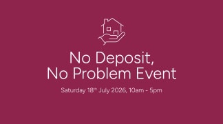 A white line drawing of a hand holding a house sits above bold white text announcing a "No Deposit, No Problem Event" on a deep pink background, with smaller white text below detailing the date and time.