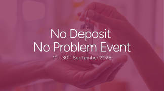 Hands exchange a key in the foreground, with the text "No Deposit No Problem Event 1st - 30th September 2026" overlaid on a blurred, pink-toned background.