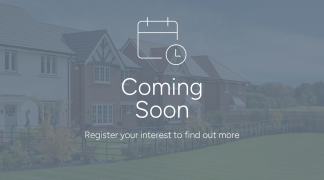 The image displays a "Coming Soon" sign with a house icon and a call to action to register interest to learn more, set against a backdrop of residential buildings in a rural or suburban setting.