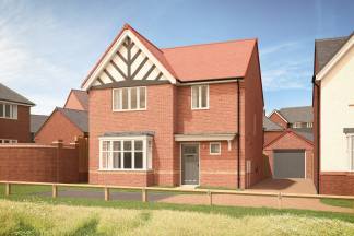 A modern two-story brick house with a red tile roof and distinctive architectural features stands in a grassy area, surrounded by other similar houses in the background.