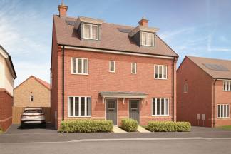 A modern, multi-story brick townhouse with a driveway and landscaping in the foreground, set against a backdrop of clear blue sky and other similar residential buildings.