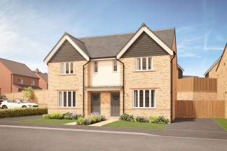 A two-story residential building with a gabled roof, brick and wood siding, and a driveway leading to a parked car in the foreground, set against a clear blue sky.
