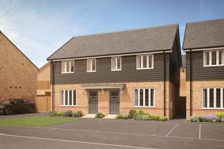 A modern, two-story residential building with a brown exterior and a tiled roof, surrounded by a paved driveway and landscaped gardens in the foreground.