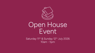 A white line drawing of a house sits above the text "Open House Event" and event details on a deep pink background.