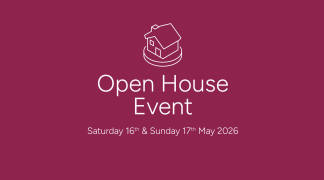 A white line drawing of a house sits above the text "Open House Event" and the dates "Saturday 16th & Sunday 17th May 2026" on a deep pink background.