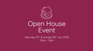 A white line drawing of a house sits above the text "Open House Event" and event details on a deep pink background.