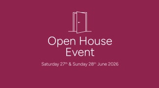A stylized open door with the text "Open House Event" and the dates "Saturday 27th & Sunday 28th June 2026" are displayed on a deep pink background.