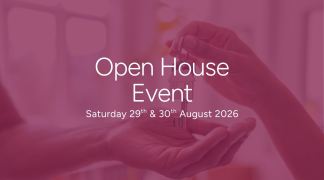 Hands exchange a key in the foreground, with "Open House Event" and event dates overlaid on a soft, blurred background.