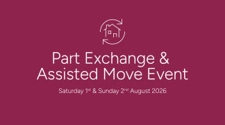 A white house icon with circular arrows is centered above the text "Part Exchange & Assisted Move Event" and the date "Saturday 1st & Sunday 2nd August 2026" on a deep pink background.